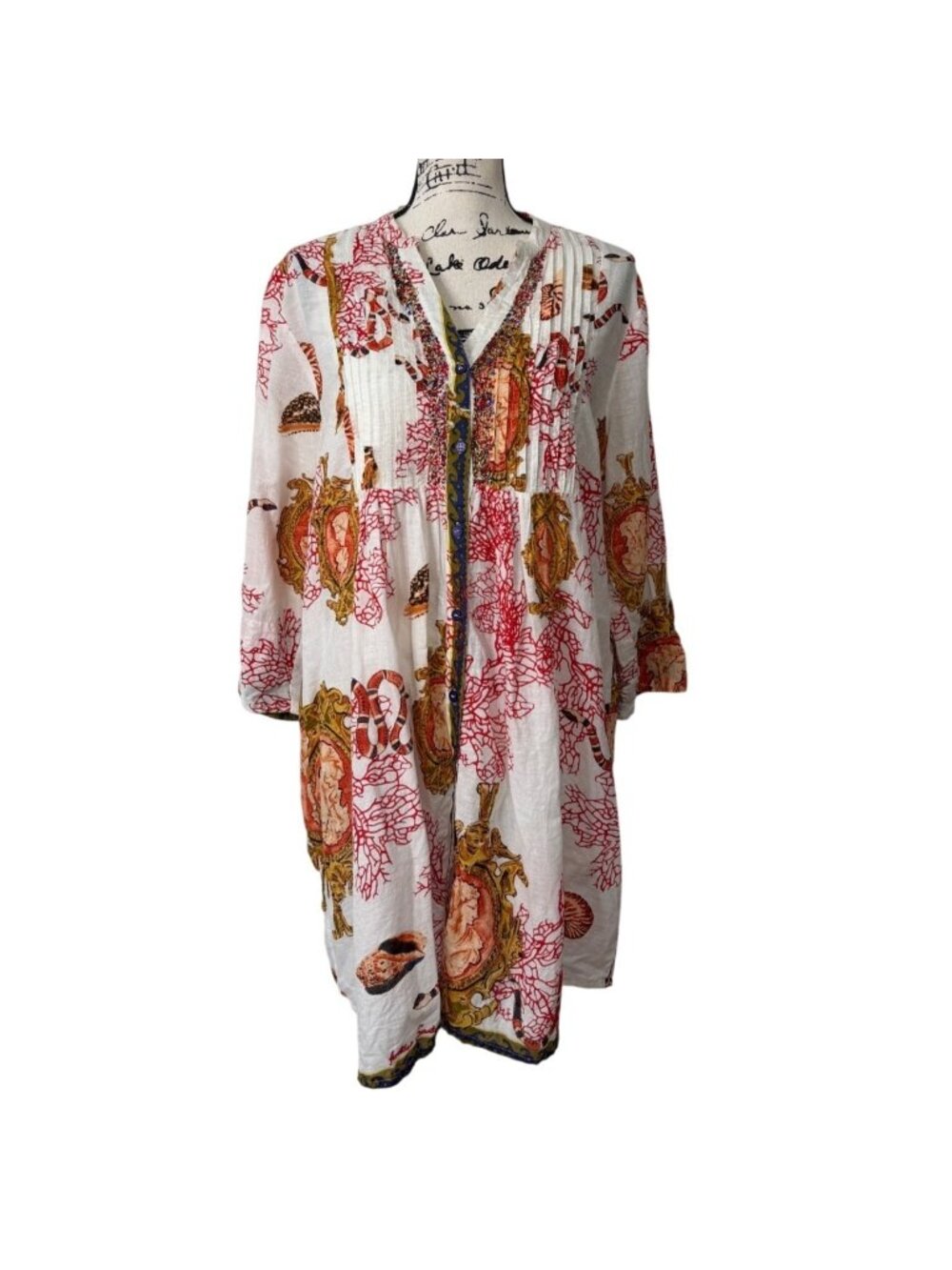 Antica Sartoria Woman Size L Pink White Tunic Dress Boho Beach Cover-Up Cotton